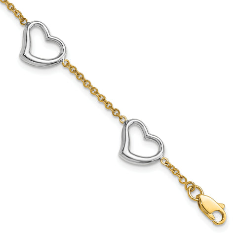 14k Yellow and White Gold Two-tone Heart Bracelet Length 7 Inch