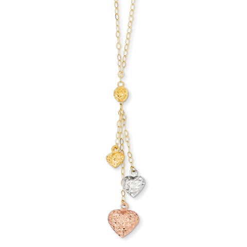 14k Tri-color Puff Heart Lariat with 2in ext Necklace SF1879 - shirin-diamonds