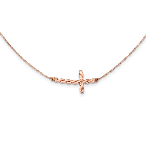 14k Rose Gold Polished Twisted Sideways Cross 17 inch Necklace SF2521 - shirin-diamonds