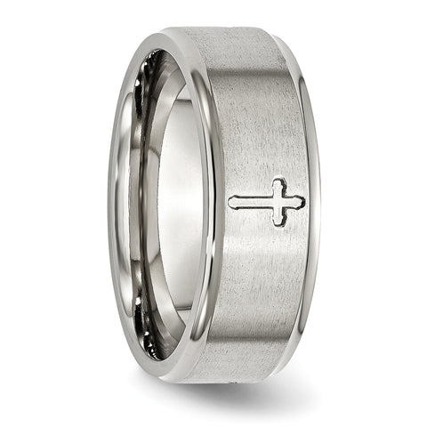 Stainless Steel Ridged Edge Cross 8mm Brushed and Polished Band