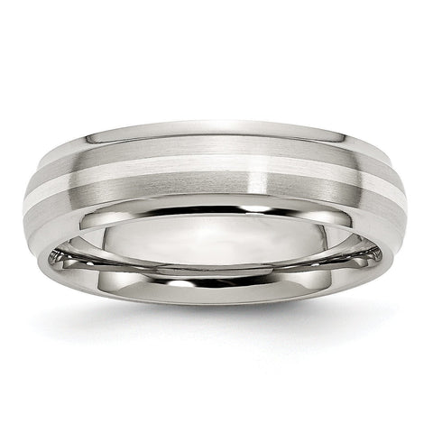 Stainless Steel Sterling Silver Inlay Ridged Edge Brushed and Polished Band - shirin-diamonds