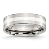 Stainless Steel Sterling Silver Inlay Flat 6mm Polished Band - shirin-diamonds