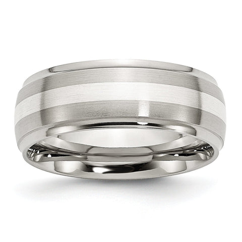 Stainless Steel Sterling Silver Inlay Ridged Edge Brushed and Polished Band - shirin-diamonds