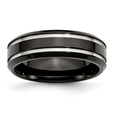 Stainless Steel Black IP-plated Grooved and Polished 7mm Band - shirin-diamonds
