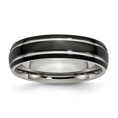 Stainless Steel Grooved & Polished 6mm Black IP-plated Band - shirin-diamonds