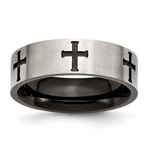 Stainless Steel 7mm Black IP-plated Crosses Brushed/Polished Band - shirin-diamonds