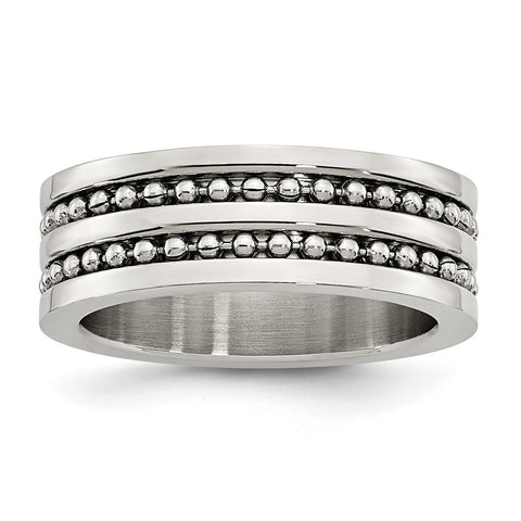 Stainless Steel 8mm Double Row Beaded Brushed & Polished Band SR151 - shirin-diamonds