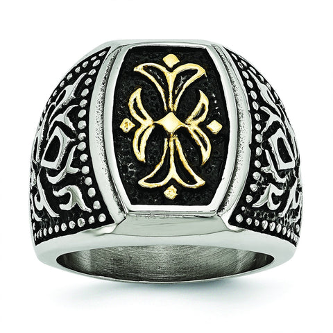 Stainless Steel Antiqued & Yellow IP-plated Cross Ring - shirin-diamonds