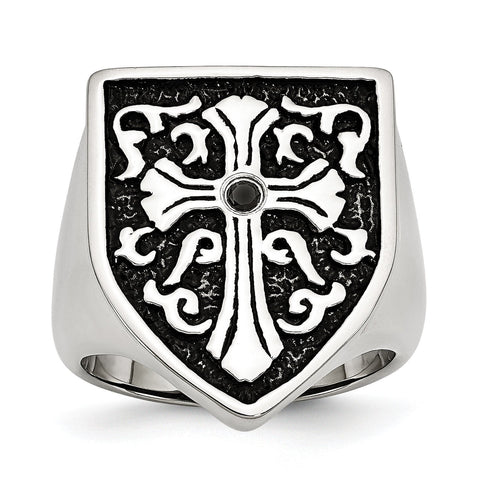 Stainless Steel Cross w/Black Diamond Antiqued Shield Ring - shirin-diamonds