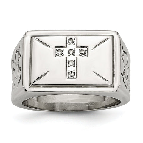Stainless Steel Diamond Cross w/Textured Sides Ring - shirin-diamonds