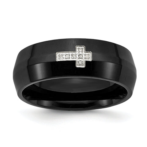 Stainless Steel Black IP-plated with Diamond Cross Ring 9 Size