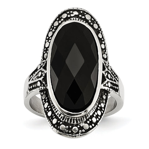 Stainless Steel Black Glass Antiqued  Ring - shirin-diamonds
