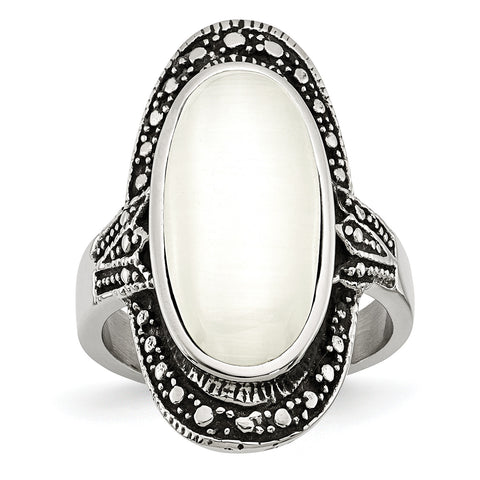 Stainless Steel Antiqued & White Cat's Eye Size 8 Ring SR239 - shirin-diamonds