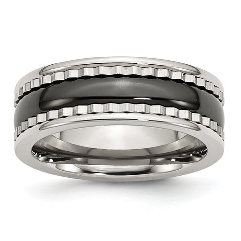Stainless Steel  with Sawtooth Accent & Black Ceramic Center Band - shirin-diamonds