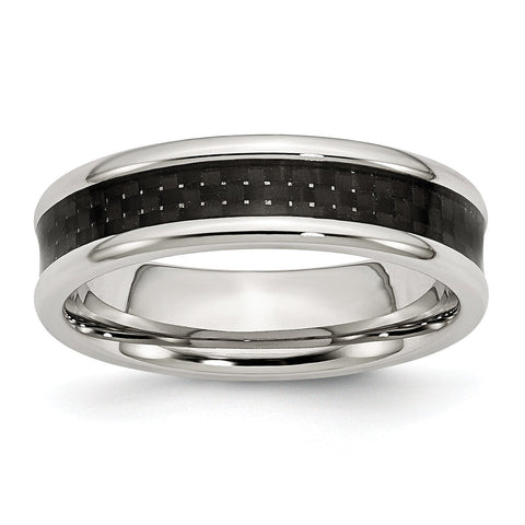 Stainless Steel Polished w/ Black Carbon Fiber Inlay 6mm Band - shirin-diamonds