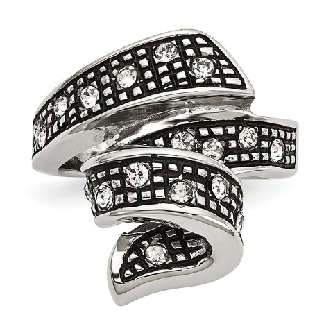 Stainless Steel Crystal Antiqued Swirl Ring SR273 - shirin-diamonds