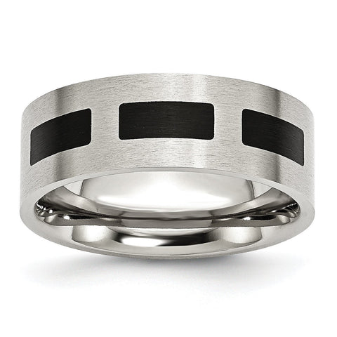Stainless Steel Black Rubber Flat 8mm Brushed Band - shirin-diamonds
