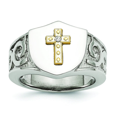 Stainless Steel with 10K Gold Cross and .02ct Diamond Polished Ring - shirin-diamonds