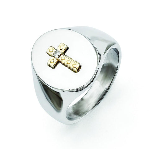 Stainless Steel with 10K Gold Cross and Diamond Polished Ring - shirin-diamonds