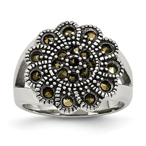 Stainless Steel Textured Flower Marcasite Ring SR305 - shirin-diamonds