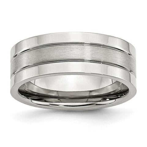 Stainless Steel Grooved 8mm Satin and Polished Band - shirin-diamonds