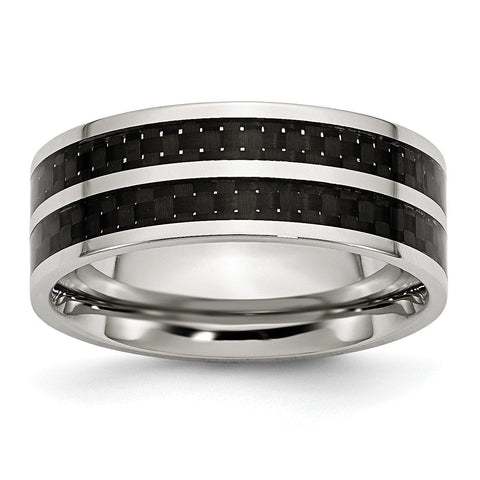 Stainless Steel 8mm Double Row Black Carbon Fiber Inlay Polished Band - shirin-diamonds