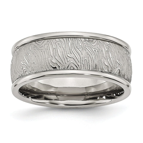 Stainless Steel Polished 9mm Textured Rounded Edge Ring - shirin-diamonds