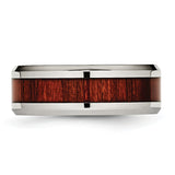 Stainless Steel Polished Red Wood Inlay Enameled 8.00mm Ring