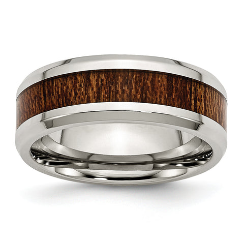 Stainless Steel Polished Brown Wood Inlay Enameled 8.00mm Ring - shirin-diamonds
