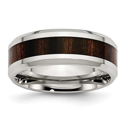 Stainless Steel Polished Black Wood Inlay Enameled 8.00mm Ring - shirin-diamonds
