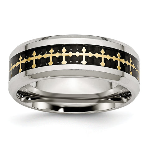 Stainless Steel Polished w/Carbon Fiber Inlay/Yellow IP-plated Cross Ring SR406 - shirin-diamonds