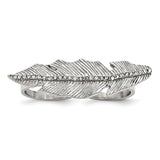 Stainless Steel Polished & Antiqued Leaf Two Finger 7/8 Crystal Ring - shirin-diamonds