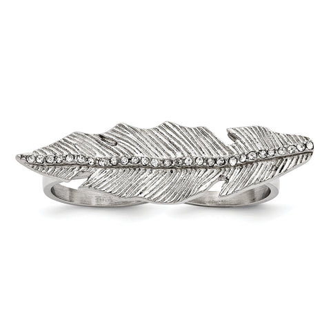 Stainless Steel Polished & Antiqued Leaf Two Finger 7/8 Crystal Ring - shirin-diamonds