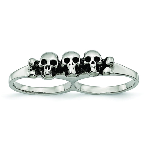 Stainless Steel Polished & Antiqued Two Finger 7/8 Skulls Ring - shirin-diamonds