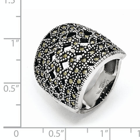 Stainless Steel Polished and Antiqued Marcasite Ring