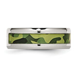 Stainless Steel Polished w/ CZ Printed Green Camo Under Rubber Band