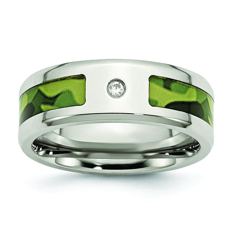 Stainless Steel Polished w/ CZ Green Camoflage Band - shirin-diamonds