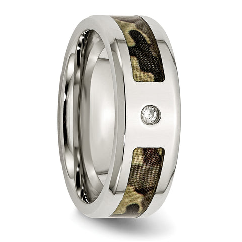 Stainless Steel Polished w/ CZ Printed Brown Camo Under Rubber Band
