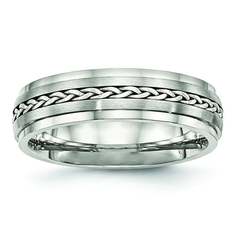 Stainless Steel Polished & Brushed w/Silver Braid Inlay Ring - shirin-diamonds