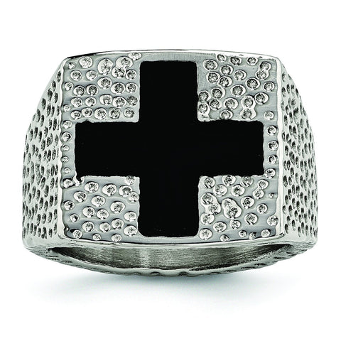 Stainless Steel Textured Black Enameled Cross Ring - shirin-diamonds