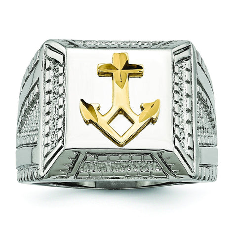Stainless Steel Polished Yellow IP-plated w/ Sterling Silver Anchor Ring - shirin-diamonds