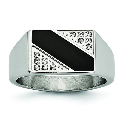 Stainless Steel Polished Black Enameled CZ Signet Ring - shirin-diamonds