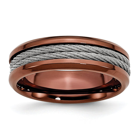 Stainless Steel Ridged Edge Brown IP-plated w/Cable 7mm Band - shirin-diamonds