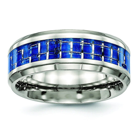 Stainless Steel Polished Blue/White Carbon Fiber Inlay Ring - shirin-diamonds