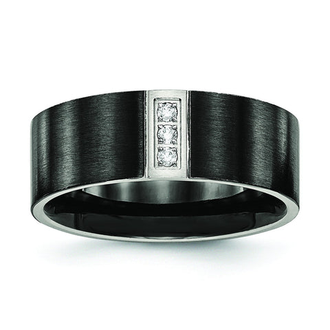 Stainless Steel Brushed Black IP Flat Three CZ Ring - shirin-diamonds