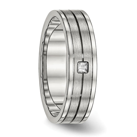 Stainless Steel Brushed and Polished Grooved CZ Ring