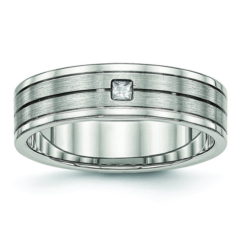 Stainless Steel Brushed and Polished Grooved CZ Ring - shirin-diamonds