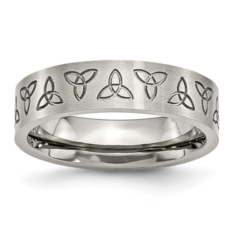 Stainless Steel Engraved Trinity Symbol Brushed 6mm Band - shirin-diamonds
