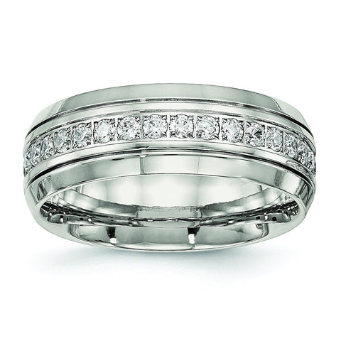 Stainless Steel Polished Half Round Grooved CZ Ring - shirin-diamonds