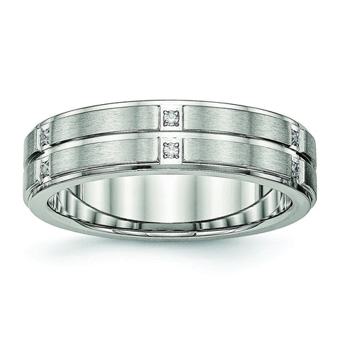 Stainless Steel Brushed and Polished Grooved/Ridged Edge CZ Ring - shirin-diamonds